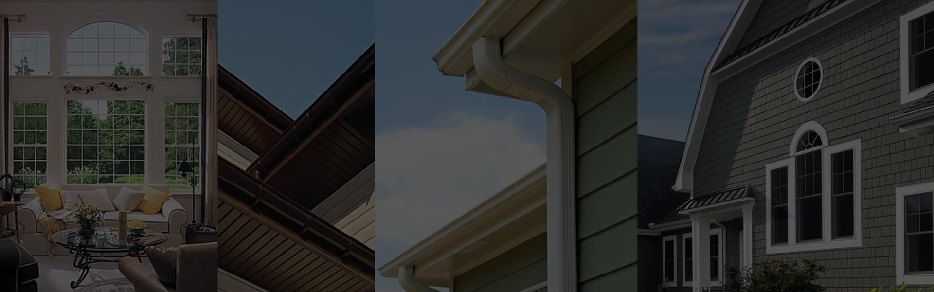 Four images: a window, soffit, gutter system, and siding